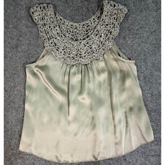 Silk Sleeveless Oyster Grey Blouse Size M Crochet/Beaded Collar Luxury - Picture 2 of 9